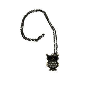 Brass Colored Owl Necklace with Black Eyes & Clear Stones